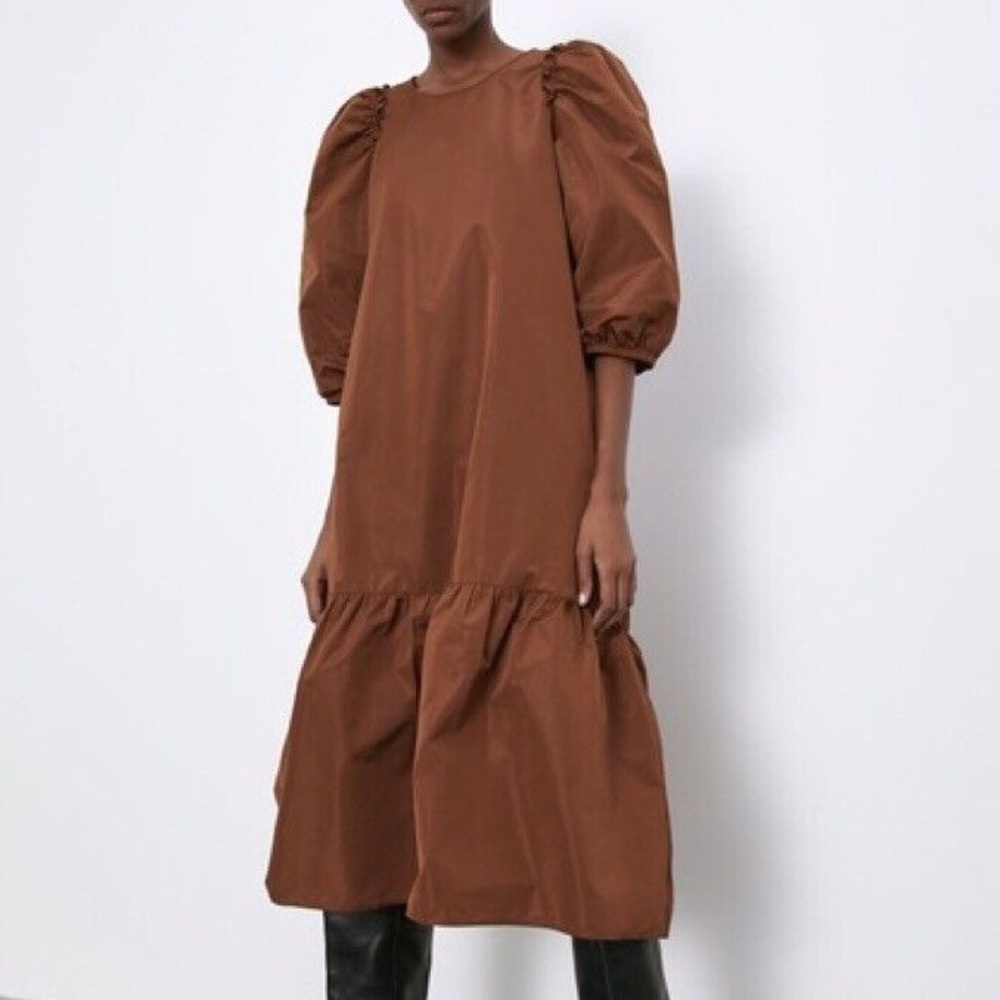 Zara Women Xs Brown Puff Sleeves Ruffle Tiered Taffeta Voluminous Midi Dress